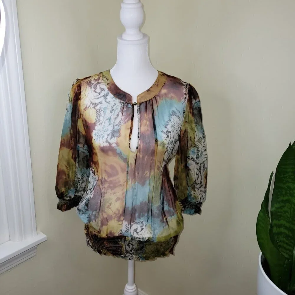 Everest Apparel 100% Silk Blouse Sheer Multicolored Elastic Waist Top Size S - Picture 2 of 14